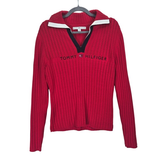 Vintage Tommy Hilfiger Womens Sweater Large Ribbed Knit Pullover Red‎ Preppy Y2K - Picture 1 of 8